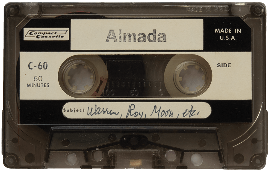 A cassette tape with a black and white label. In the section labelled "Subject," in handwriting reads, "Warren, Roy, Moon, etc."