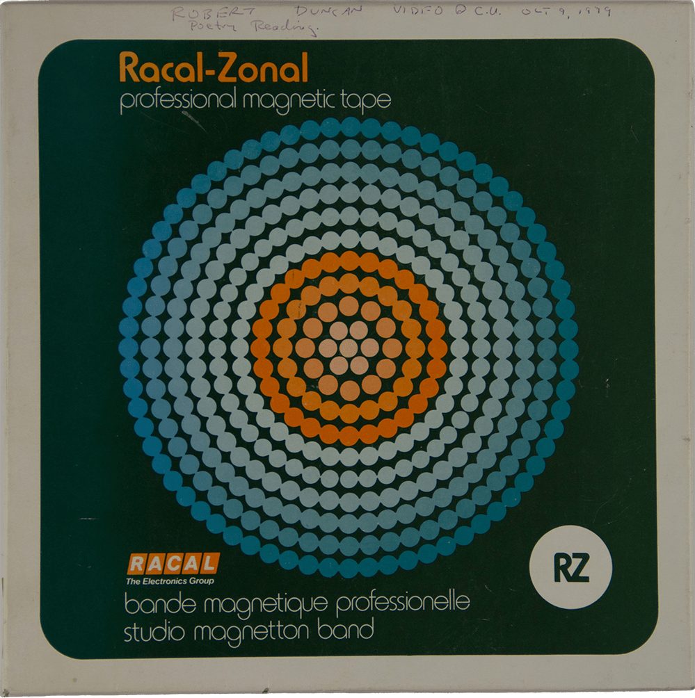 A reel-to-reel magnetic recording case. In handwriting reads, "Robert Duncan. Poetry reading. October 9th, 1979." The case features a large circular pattern of circles ranging from indigo to orange.